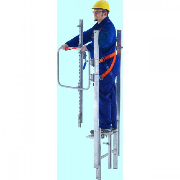Zarges fixed ladder safety barrier in stirrup form with integrated arrester rail